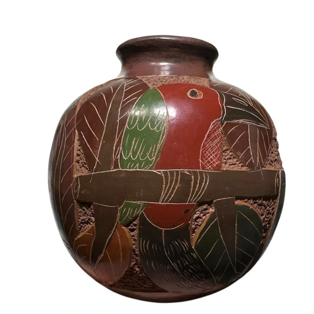 Nicaraguan Art Pottery Vase Hand Carved Monkey Butterfly